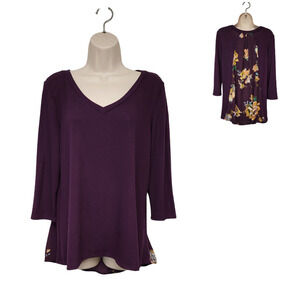 LE LIS COLLECTION 3/4 Sleeve Floral Loose Fit Tunic Blouse Multi- Burgundy XL